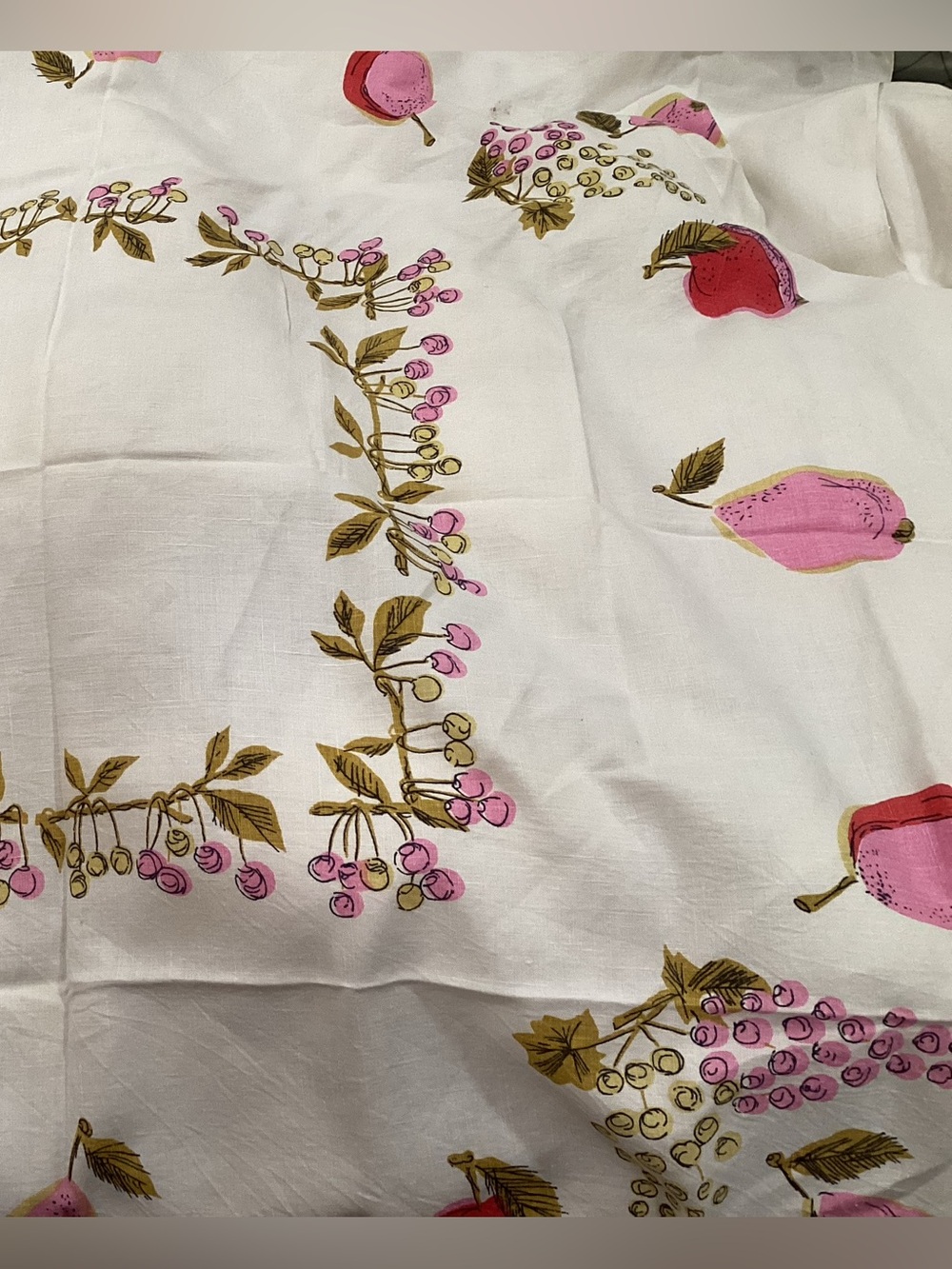 Vintage/MCM Fruit Print Linen Tablecloth - Square, vibrant colors circa 1950s